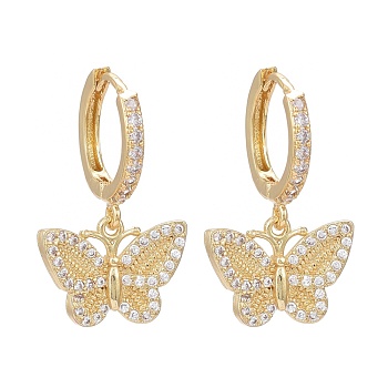 Brass Micro Pave Clear Cubic Zirconia Huggie Hoop Earrings, Long-Lasting Plated, Butterfly, Real 18K Gold Plated, 25mm, Pin: 1mm
