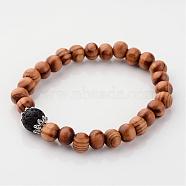 Wood Stretch Bracelets, with Natural Lava Rock Beads and Metal Findings, Black, 55mm(BJEW-JB02404-01)