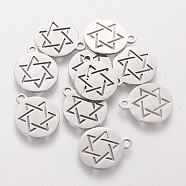 201 Stainless Steel Charms, for Jewish, Flat Round with Star of David, Stainless Steel Color, 14x12mm(STAS-Q201-T055)