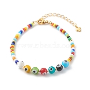Beaded Bracelets, with Round Evil Eye Lampwork Beads & Opaque Glass Seed Beads, Golden, Colorful, 7-1/2 inch(19cm)(BJEW-JB06329-02)