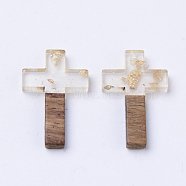 Resin & Walnut Wood Pendants, with Gold Foil, Cross, Clear, 26x16x3mm, Hole: 1.8mm(X-RESI-N025-012A-A01)