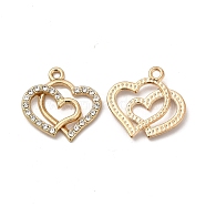 Alloy Crystal Rhinestone Pendants, Double Heart Charm, Golden, 20x19.5x2.5mm, Hole: 1.8mm(PALLOY-B009-38G)