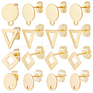 80Pcs 4 Style 201 & 304 Stainless Steel Stud Earring Findings, with 304 Stainless Steel Pins & Horizontal Loops, Oval & Rhombus & Flat Round, Real 24K Gold Plated, 9~13x7~10.5mm, Hole: 1~1.4mm, Pin: 0.8mm, 20Pcs/style(STAS-BBC0001-74)