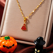 Stainless Steel Enamel Halloween Broom Pendant Dapped Chain Necklaces, Golden, Red, 15.75 inch(40cm)(LP1406)