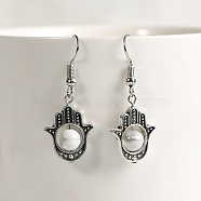 Natural Crystal Stone Hamsa Hand & Round Dangle Earrings, Handmade Sweet Ear Jewelry, Platinum, White(UB8598-1)