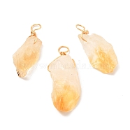 Natural Citrine Pendants, with Real 18K Gold Plated Eco-Friendly Copper Wire, Nuggets, 19.84~34.30x7.25~13.57x6.5~12mm, Hole: 3mm(PALLOY-JF01048-04)