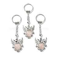 Natural Rose Quartz Heart with Wing Pendant Keychain, with Platinum Tone Brass Findings, 9.6cm(G-Z033-04P-02)