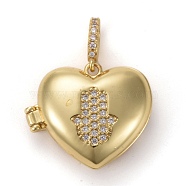 Brass Micro Pave Clear Cubic Zirconia Diffuser Locket Pendants, Long-Lasting Plated, Lead Free & Cadmium Free, Heart with Hamsa Hand,Religion, Real 18K Gold Plated, Heart: 19x23x8mm, Hole: 5.5x3mm, Inner Diameter: 17x14mm(ZIRC-E165-17G)