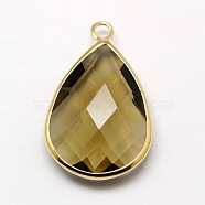 Golden Tone Brass Glass Teardrop Pendants, Faceted, Tan, 18x10x5mm, Hole: 2mm(GLAA-M006-A-08G)