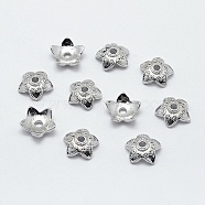 5-Petal Brass Caps, Long-Lasting Plated, Nickel Free, Flower, Real Platinum Plated, 10x3mm, Hole: 1.6~1.8mm(KK-F727-83P-NF)