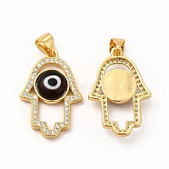 Rack Plating Brass Micro Pave Clear Cubic Zirconia Pendants, with Handmade Evil Eye Lampwork, Cadmium Free & Lead Free, Long-Lasting Real 18K Gold Plated, Hamsa Hand Charm, Black, 25.5x17x4mm, Hole: 5.5x3.5mm(LAMP-A153-06G-04)