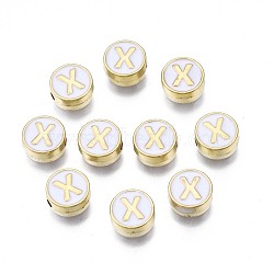 Alloy Enamel Beads, Cadmium Free & Lead Free, Light Gold, Flat Round with Alphabet, White, Letter.X, 8x4mm, Hole: 1.5mm(ENAM-N052-006-01X-RS)