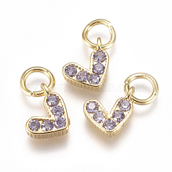 Brass Micro Pave Cubic Zirconia Charms, with Jump Ring, Long-Lasting Plated, Real 18K Gold Plated, Heart, Lilac, 6x8x2mm, Hole: 3mm(ZIRC-F111-08G-08)