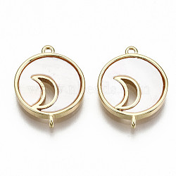 Freshwater Shell Links Connectors, with Brass Findings, Nickel Free, Flat Round with Moon, Real 18K Gold Plated, 15.5x12x2mm, Hole: 1mm(KK-S356-211G-NF)