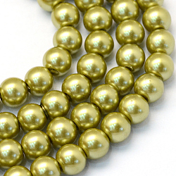 Baking Painted Pearlized Glass Pearl Round Bead Strands, Olive, 4~5mm, Hole: 1mm, about 200~210pcs/strand, 31.4 inch(HY-Q003-4mm-43)