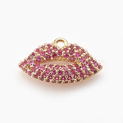 Brass Micro Pave Cubic Zirconia Charms, Lip, Fuchsia, Golden, 9.5~10x17x3.5mm, Hole: 1.5mm(ZIRC-F089-05G)