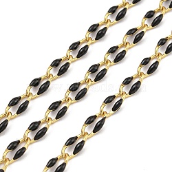 Ion Plating(IP) Brass Dapped Chains, Cable Chains with Enamel, Real 18K Gold Plated, Soldered, with Spool, Flat Oval, Black, 7x3x1.3mm, about 32.81 Feet(10m)/Roll(CHS-K018-14A-13)