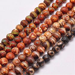 Natural Tibetan Style dZi Beads Strands, Dyed & Heated, Matte Style, Round, Mixed Patterns, about 6mm, Hole: 2mm, about 65pcs/strand, 13.8 inch(G-P229-A-07-6mm)