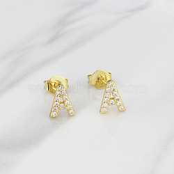 Brass Clear Cubic Zirconia Stud Earrings, Golden, Letter A, 6.5x6.5mm(WGC2A80-01)