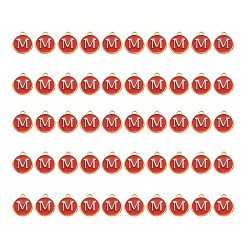 Golden Plated Alloy Charms, with Enamel, Enamelled Sequins, Flat Round, Red, Letter.M, 14x12x2mm, Hole: 1.5mm, 50pcs/Box(ENAM-SZ0001-25C-M)