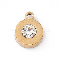 304 Stainless Steel Pendants, with Rhinestone, Flat Round, Crystal, 10.5x8x3.5mm, Hole: 1.4mm(STAS-P310-23G-02)