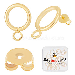 20Pcs 304 Stainless Steel Ring Stud Earring Findings, with Horizontal Loops & 20Pcs Brass Friction Ear Nuts, Real 24K Gold Plated, 18x14mm, Hole: 3.2mm, Pin: 0.7mm(STAS-BBC0001-76G)