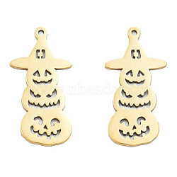Ion Plating(IP) 201 Stainless Steel Pendants, Halloween Style, Pumpkin Jack-O'-Lantern, Real 18K Gold Plated, 30x15x1mm, Hole: 1.4mm(STAS-N098-085LG)