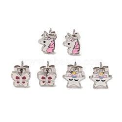 3 Pairs 3 Styles 304 Stainless Steel Enamel Stud Earrings for Women, Star & Horse & Butterfly, Stainless Steel Color, 7~10.5x7.5~10mm, 1 pair/style(EJEW-K279-03P)