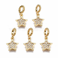 Brass Micro Pave Clear Cubic Zirconia Pendants, Nickel Free, Star, Real 18K Gold Plated, 18x9x1.5mm, Hole: 3mm, Ring: 8x6x1mm, Star: 10x9x1.5mm(KK-Q277-052-NF)
