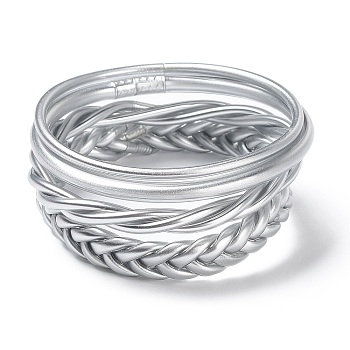 4Pcs 4 Style Plastic Cord Braided Stretch Bracelets Set, Silver, Inner Diameter: 2-1/2 inch(6.2~6.5cm), 1Pc/style