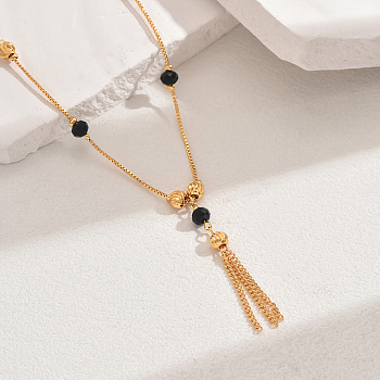 Fashionable Real 18K Gold Plated Brass Tassel Pendant Box Chain Necklaces for Women, Black, 18.90 inch(48cm)