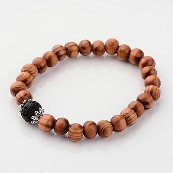 Wood Stretch Bracelets, with Natural Lava Rock Beads and Metal Findings, Black, 55mm