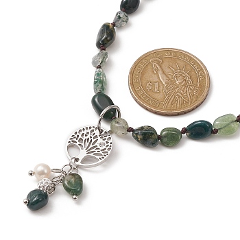 Natural Moss Agate & Pearl & Cubic Zirconia Tree of Life Pendant Necklace, 316 Surgical Stainless Steel Jewelry, 15.91 inch(40.4cm)