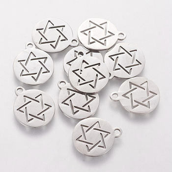 201 Stainless Steel Charms, for Jewish, Flat Round with Star of David, Stainless Steel Color, 14x12mm