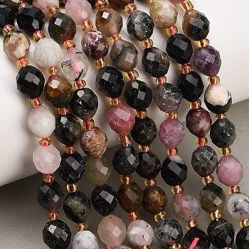 Natural Multicolor Tourmaline Beads Strands, Round, Faceted, with Seed Beads, 8~9x7~8mm, Hole: 1mm, about 18~20pcs/strand, 7.48''(19cm)~7.87''(20cm)