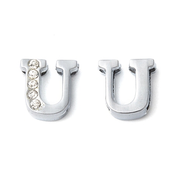Alloy Rhinestone Initial Letter.U Slide Charms Fit DIY Wristbands & Bracelets, Lead Free & Nickel Free, Platinum Color, 11x10x4.5mm, Hole: 1.5x8mm