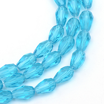 Transparent Glass Bead Strands, Faceted Teardrop, Deep Sky Blue, 11x8mm, Hole: 1mm, 60pcs/strand, 28 inch
