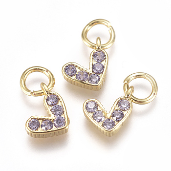 Brass Micro Pave Cubic Zirconia Charms, with Jump Ring, Long-Lasting Plated, Real 18K Gold Plated, Heart, Lilac, 6x8x2mm, Hole: 3mm