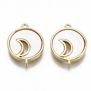 Freshwater Shell Links Connectors, with Brass Findings, Nickel Free, Flat Round with Moon, Real 18K Gold Plated, 15.5x12x2mm, Hole: 1mm