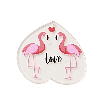 Valentine's Day Theme Acrylic Pendants, Heart with Word Love, Flamingo Pattern, 36x36x2mm, Hole: 1.5mm