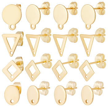 80Pcs 4 Style 201 & 304 Stainless Steel Stud Earring Findings, with 304 Stainless Steel Pins & Horizontal Loops, Oval & Rhombus & Flat Round, Real 24K Gold Plated, 9~13x7~10.5mm, Hole: 1~1.4mm, Pin: 0.8mm, 20Pcs/style
