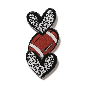 Acrylic Pendants, Heart with Sport Ball, Rugby, 49.5x20.5x2mm, Hole: 1.2mm
