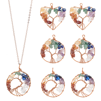 6Pcs 3 Styles Chakra Natural Gmestone Copper Wire Big Pendants, Mixed Dyed and Undyed, Flat Round & Heart with Tree of Life, Mixed Color, 53.5~54.5x42~45.5x7.5~10.5mm, Hole: 5.5mm, 2pcs/style