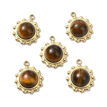 Natural Tiger Eye Charms, 304 Stainless Steel Charms, Real 14K Gold Plated, Flower, 15x12.5x6mm, Hole: 1.6mm