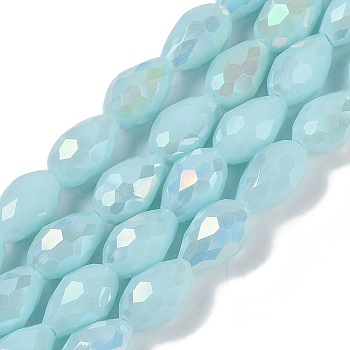 Opaque Solid Color Electroplate Glass Beads Strands, AB Color Plated, Faceted, Teardrop, Pale Turquoise, 6x4mm, Hole: 0.9mm, about 65~67pcs/strand, 15.35~16.14 inch(39~41cm)