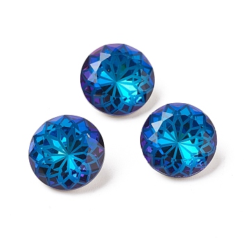 K9 Glass Rhinestone Pointed Back Cabochons, Back Plated, Faceted, Diamond, Flower Pattern, Bermuda Blue, 14x7mm