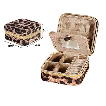Mini Square Velvet Jewelry Set Organizer Case, Leopard Print Jewelry Zipper Boxes with Mirror Inside, for Earrings, Rings, Necklaces, Camel, 10x10x5cm