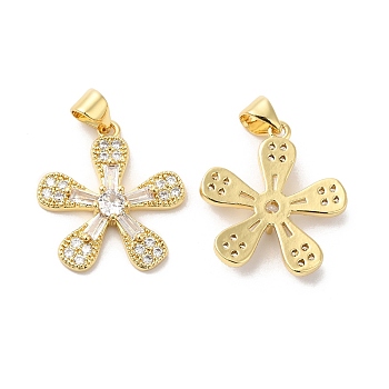 Brass Micro Pave Clear Cubic Zirconia Pendants, Flower, Real 16K Gold Plated, 21x19.5x4mm, Hole: 4.5x3.5mm