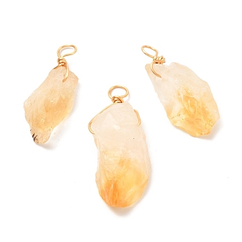 Natural Citrine Pendants, with Real 18K Gold Plated Eco-Friendly Copper Wire, Nuggets, 20~34x7.25~13.50x6.5~12mm, Hole: 3mm