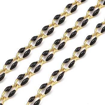 Ion Plating(IP) Brass Dapped Chains, Cable Chains with Enamel, Real 18K Gold Plated, Soldered, with Spool, Flat Oval, Black, 7x3x1.3mm, about 32.81 Feet(10m)/Roll
